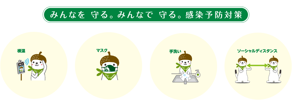 みんなを守る。みんなで守る。感染予防対策(検温・マスク・手洗い・ソーシャルディスタンス)